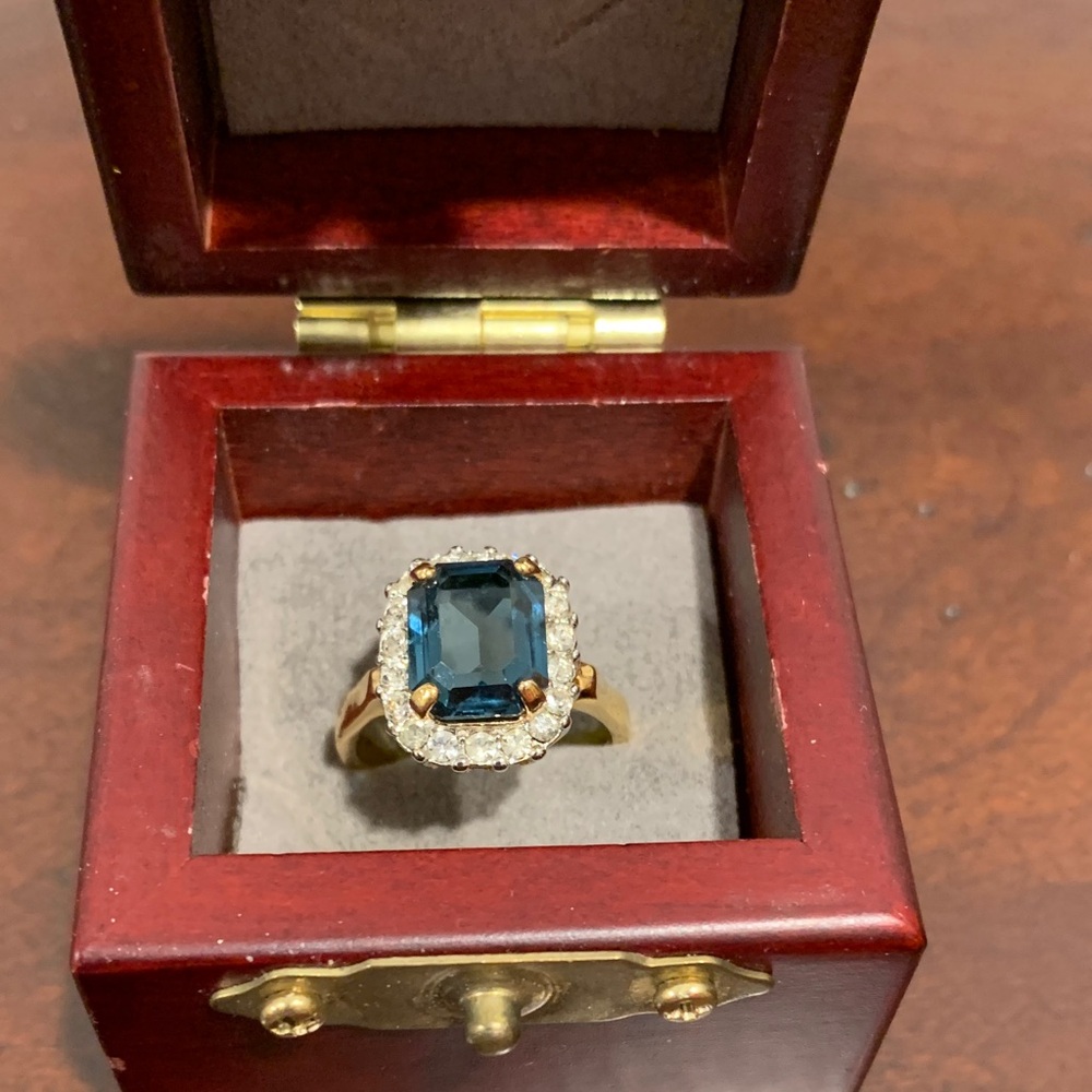 Sapphire 18k HGE  Gold and emerald cut size 6 Ring high end costume